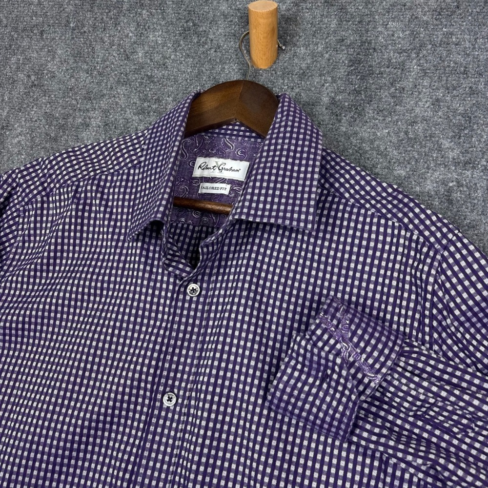 Robert Graham Button Down Mens 17.5 Purple Check Tailored Fit Cotton Shirt 0382